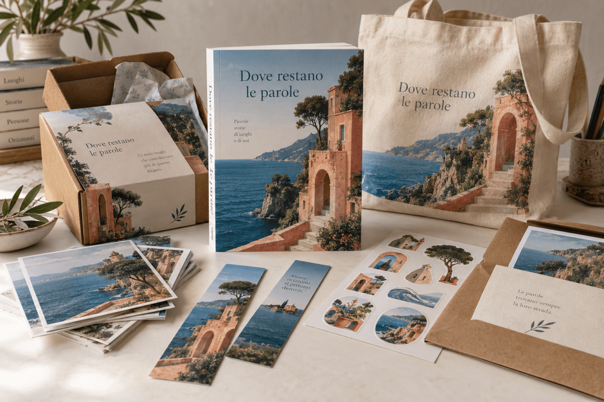 Immagine illustrativa: libro, segnalibri, shopper e confezione coordinati